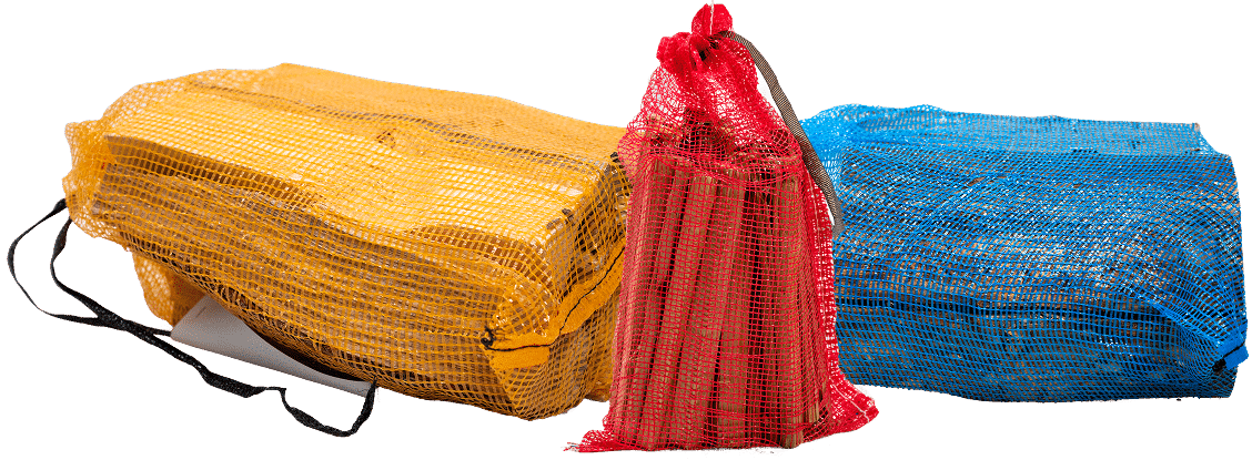 Three bags of firewood in various colors and sizes, labeled as a 24/7 firewood package.
