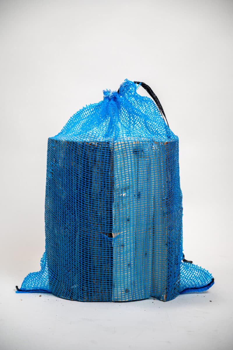 A blue bag with a handle resting on a white background.