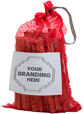 Firewood 24/7 branding featuring a red bag, showcasing the product's availability and distinctive packaging.