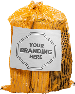 Yellow bag with a sign reading "Your Branding Here" for Firewood 24/7 branding display.